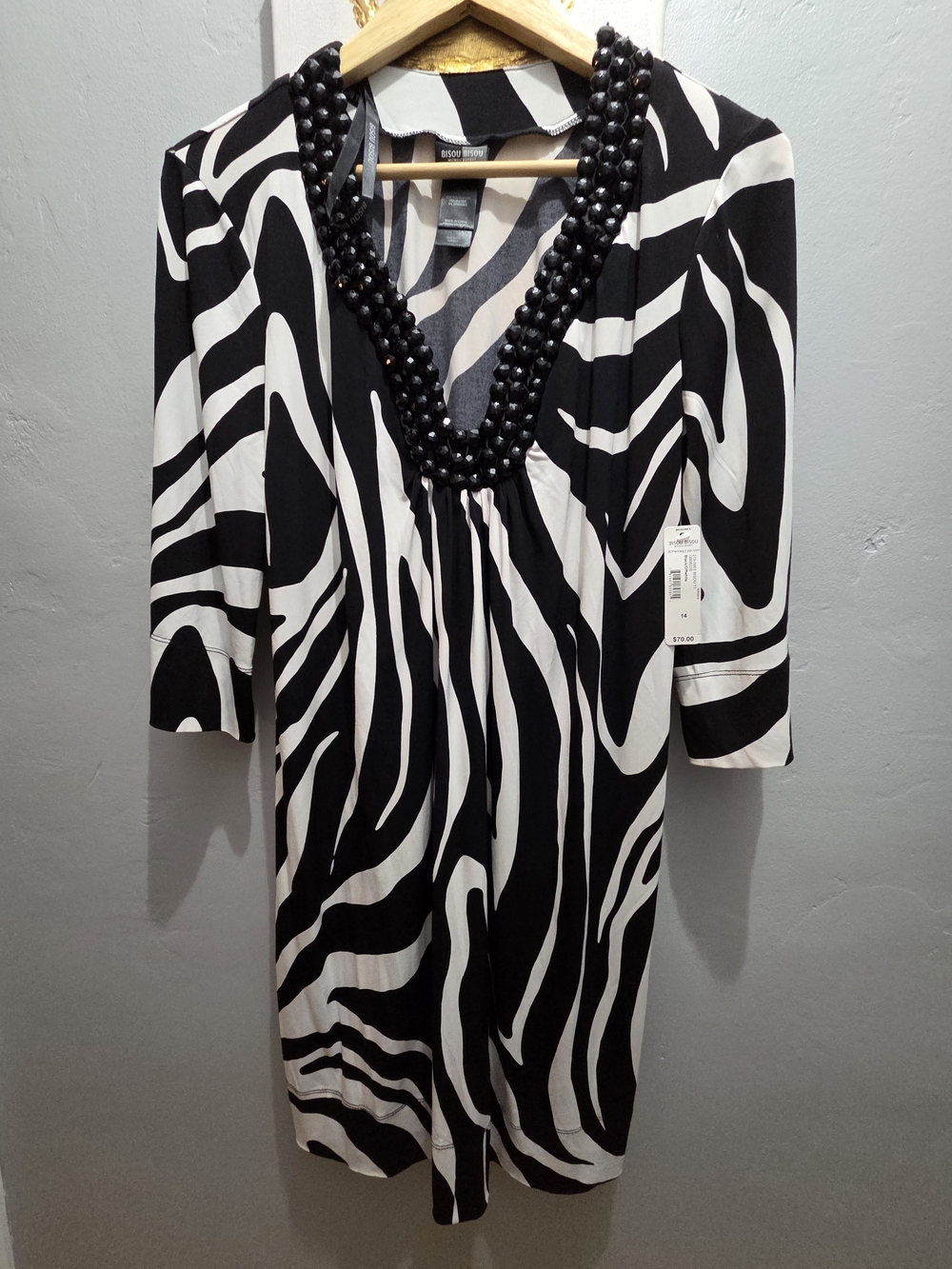Bisou Bisou Jcp Black & White Zebra Print Beaded V-Neck Dress Sleeves 14